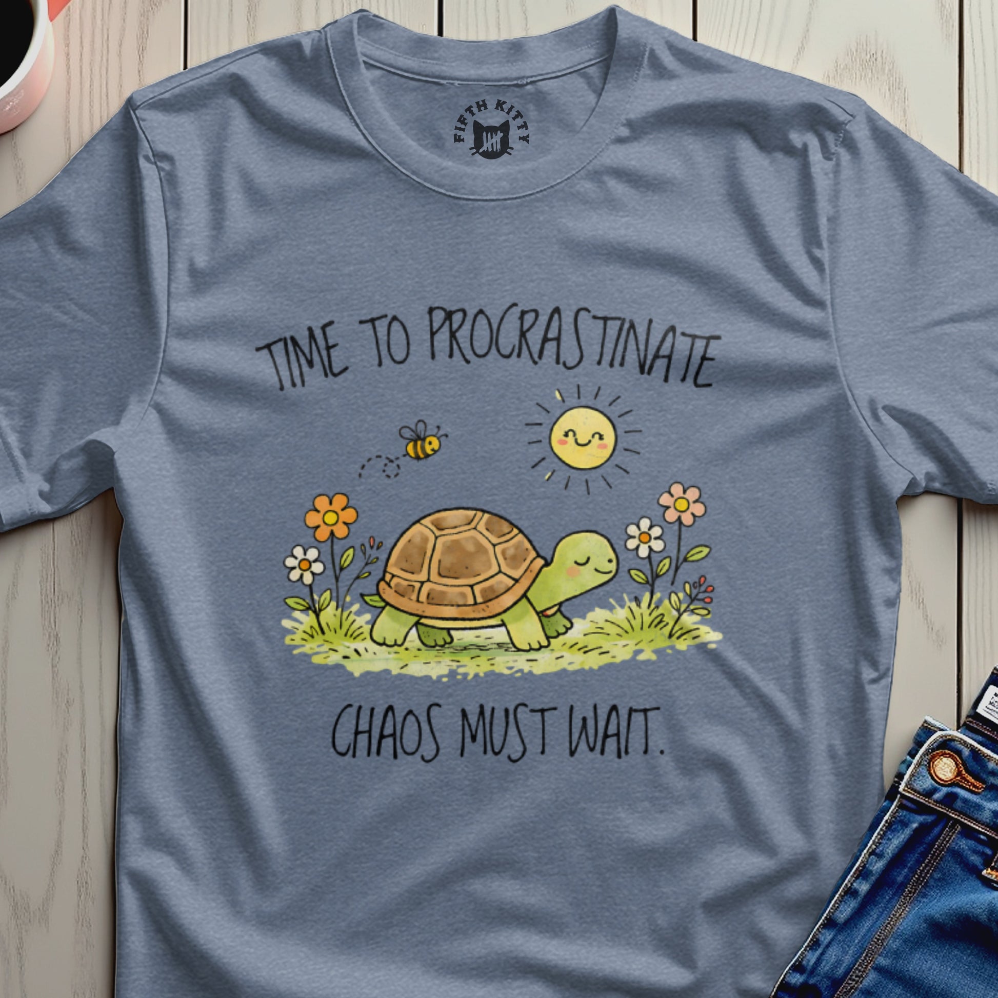 Turtle and bee under sun with text "Time to Procrastinate Chaos Must Wait".