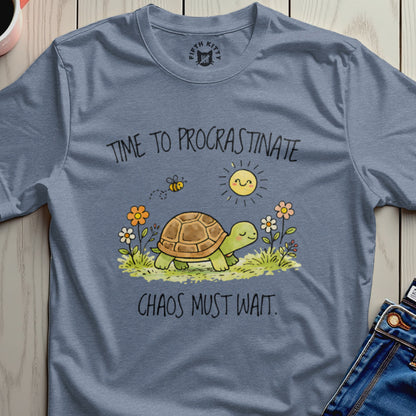 Turtle and bee under sun with text "Time to Procrastinate Chaos Must Wait".