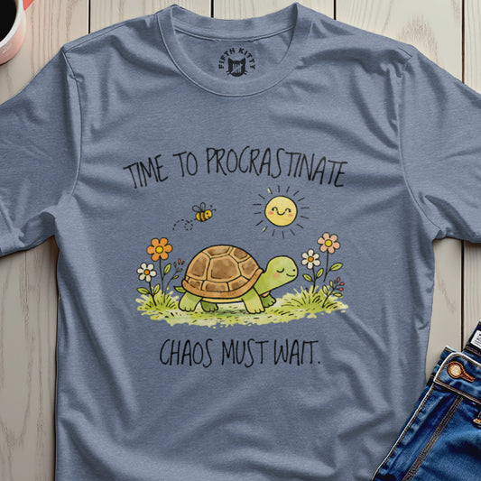 Turtle and bee under sun with text "Time to Procrastinate Chaos Must Wait".