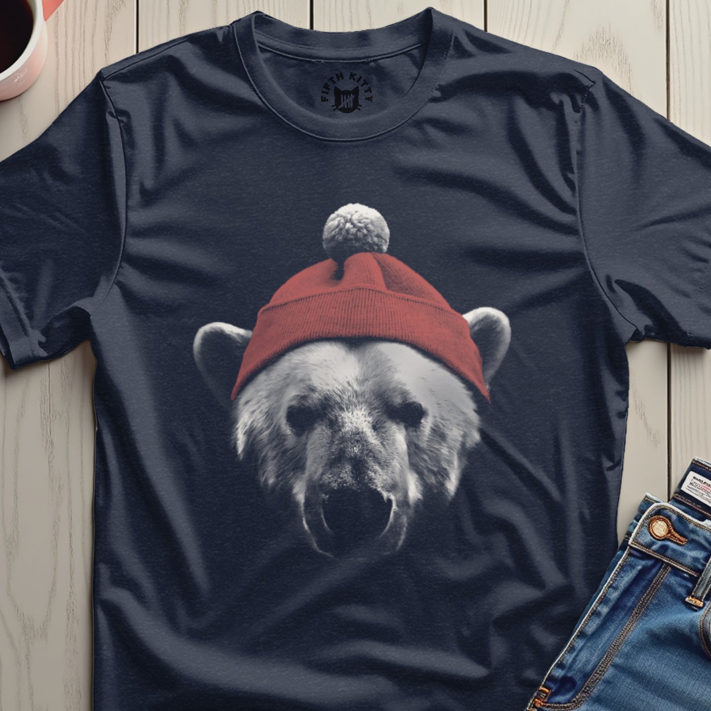 Polar Bear Wearing Red Pom Pom Beanie Design Shirt
