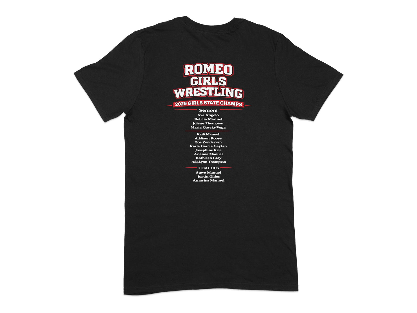 Romeo Girls Wrestling 2026 State Champs t-shirt with team names.