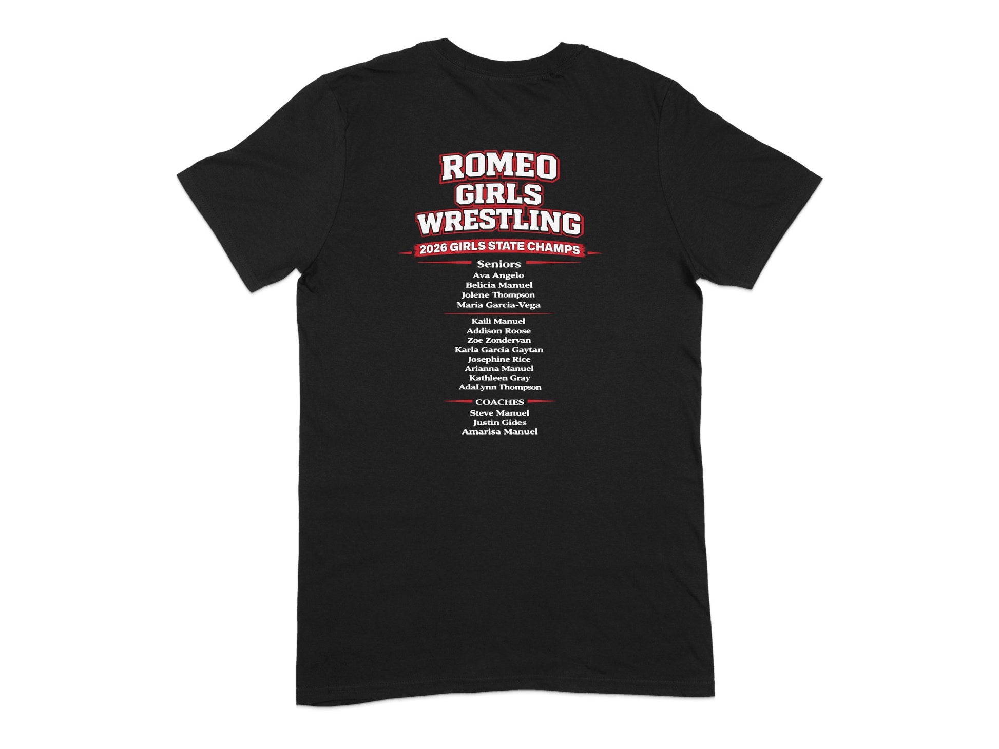 Romeo Girls Wrestling 2026 State Champs t-shirt with team names.