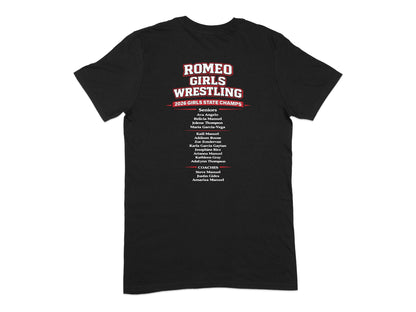 Romeo Girls Wrestling 2026 State Champs t-shirt with team names.