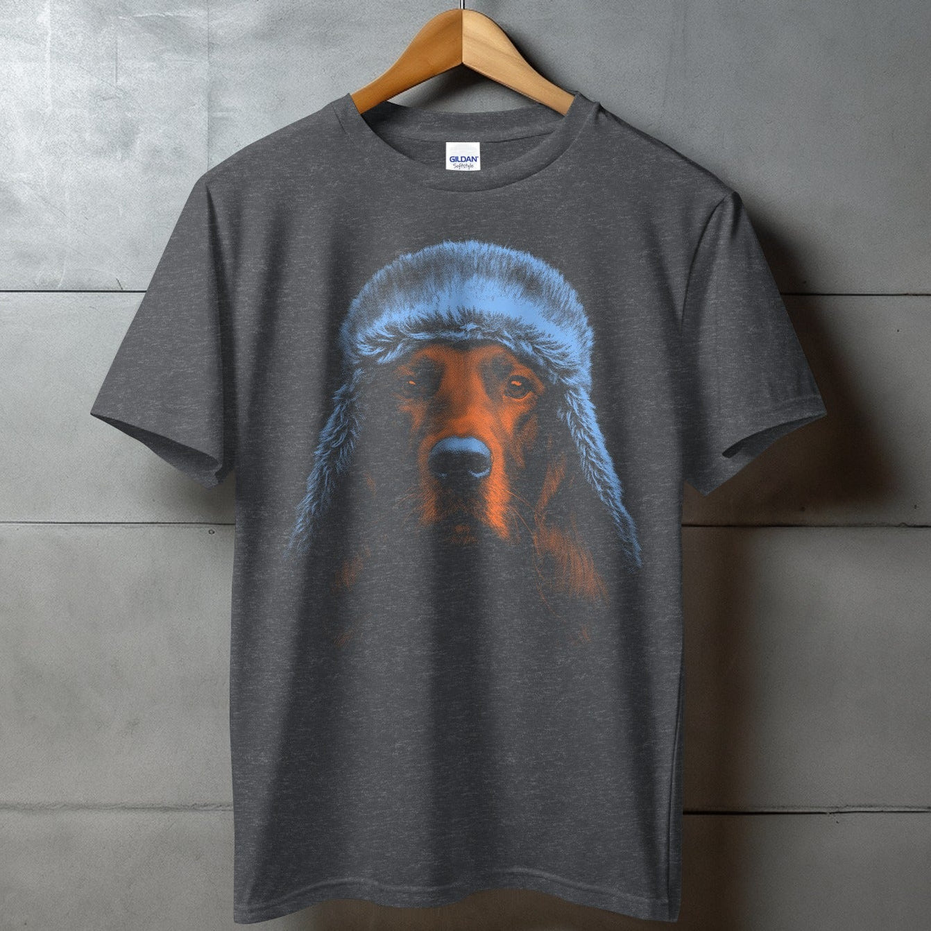 Vibrant Dog Graphic with Fur Hat T-shirt