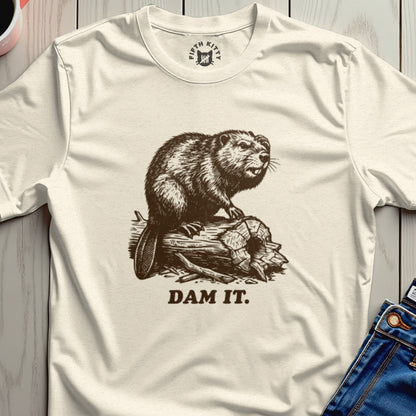 Beaver on a log with "DAM IT." text.