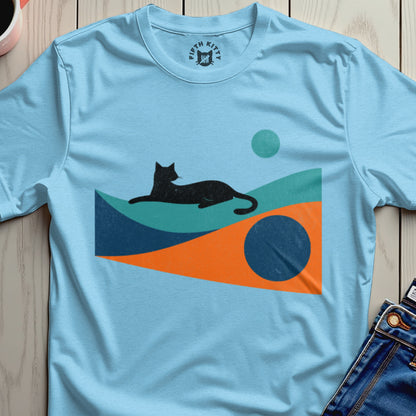 Relaxing Cat on Abstract Colorful Wave Design Shirt