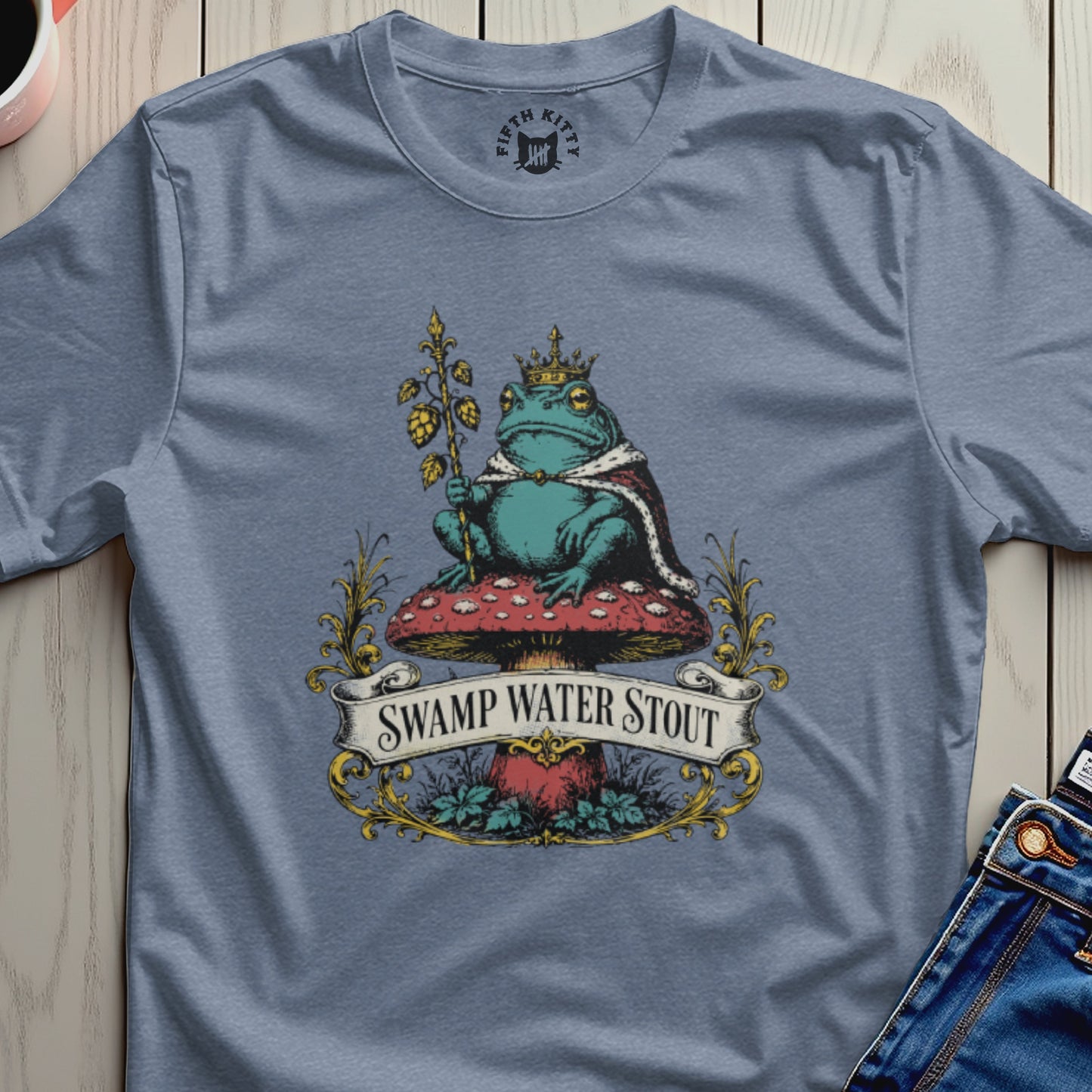 Frog king on mushroom with "Swamp Water Stout" banner.