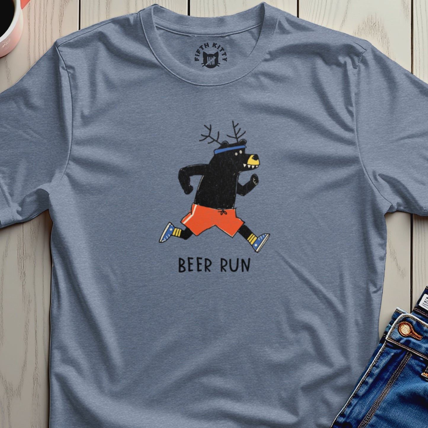 Blue t-shirt with cartoon bear wearing antlers and orange shorts, text "BEER RUN".