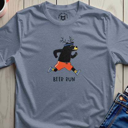 Blue t-shirt with cartoon bear wearing antlers and orange shorts, text "BEER RUN".