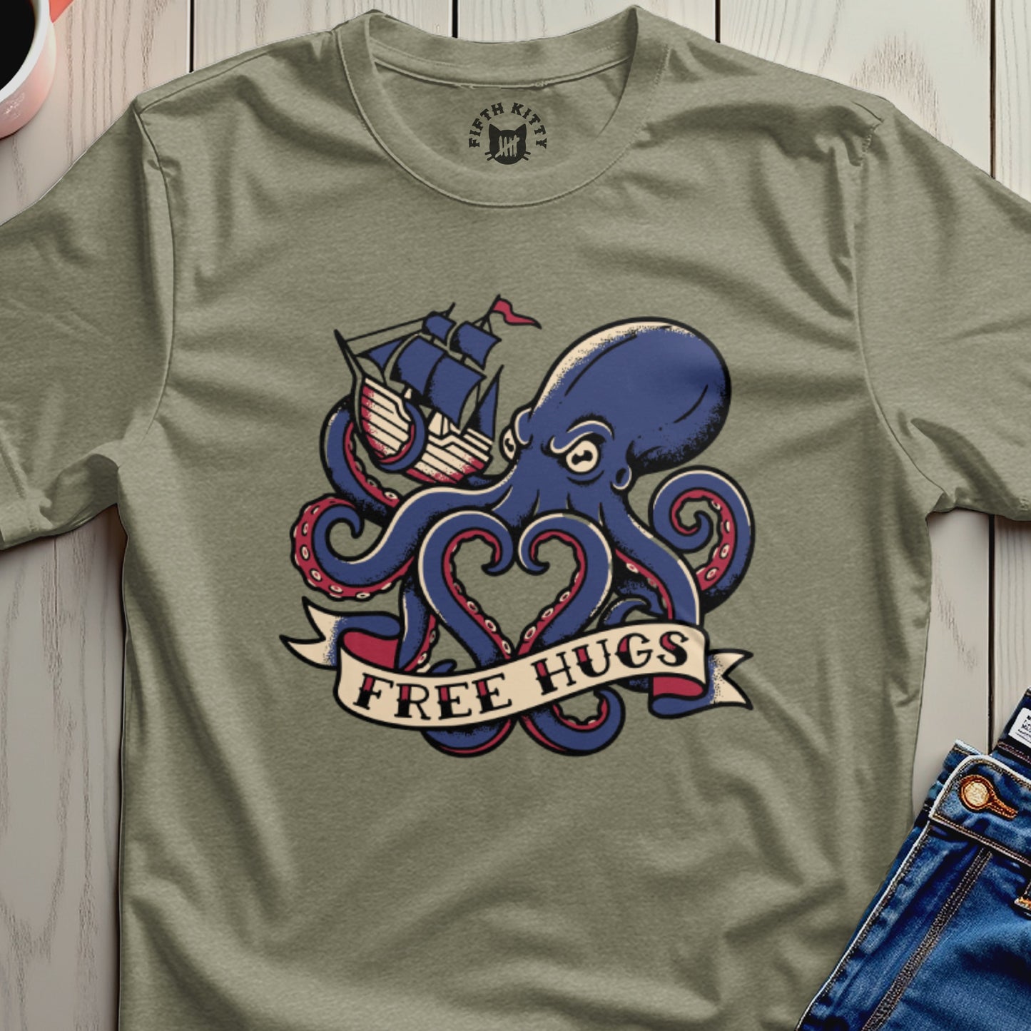 Free Hugs Octopus and Ship Graphic T-shirt