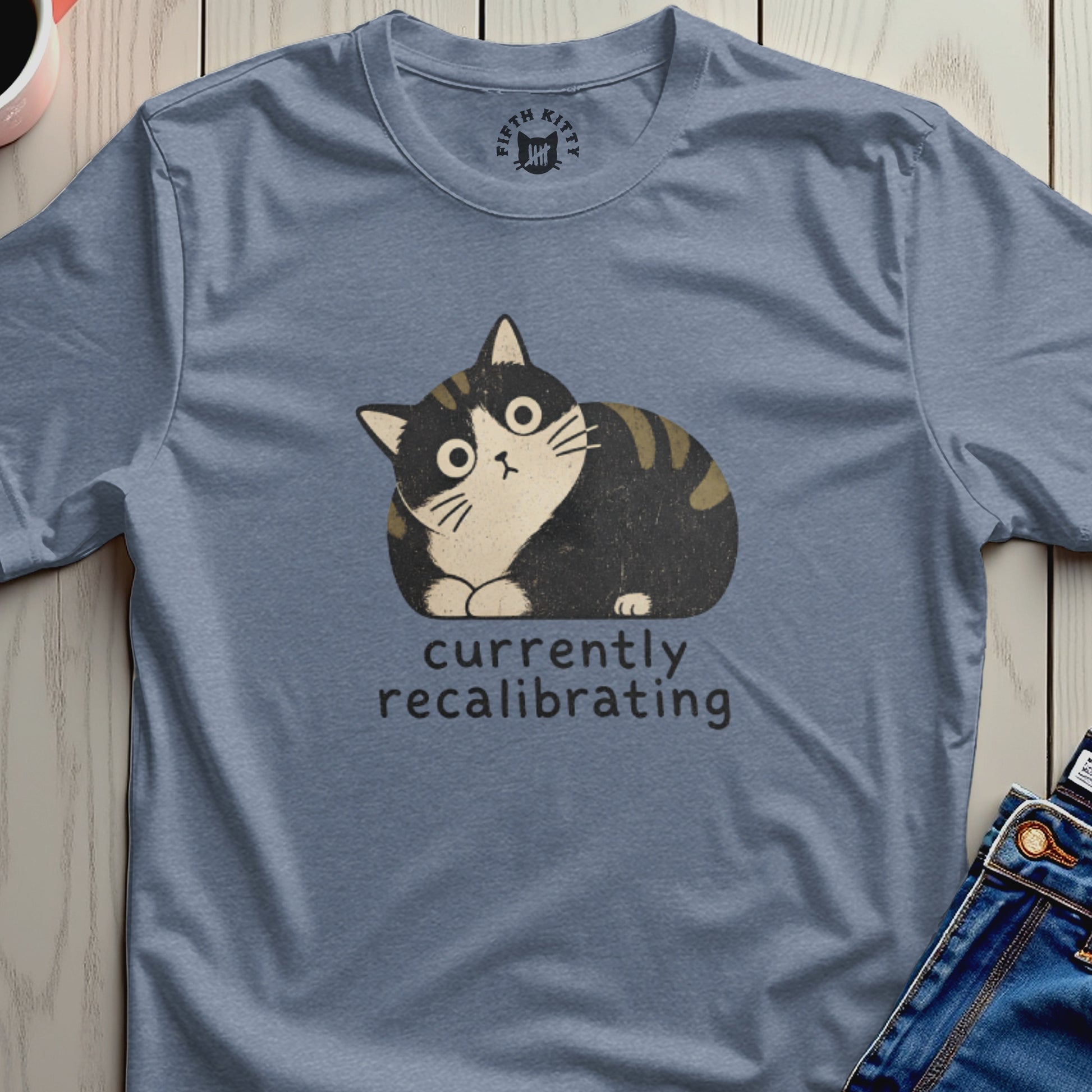 T-shirt with a graphic of a plump cat looking surprised, saying "currently recalibrating"