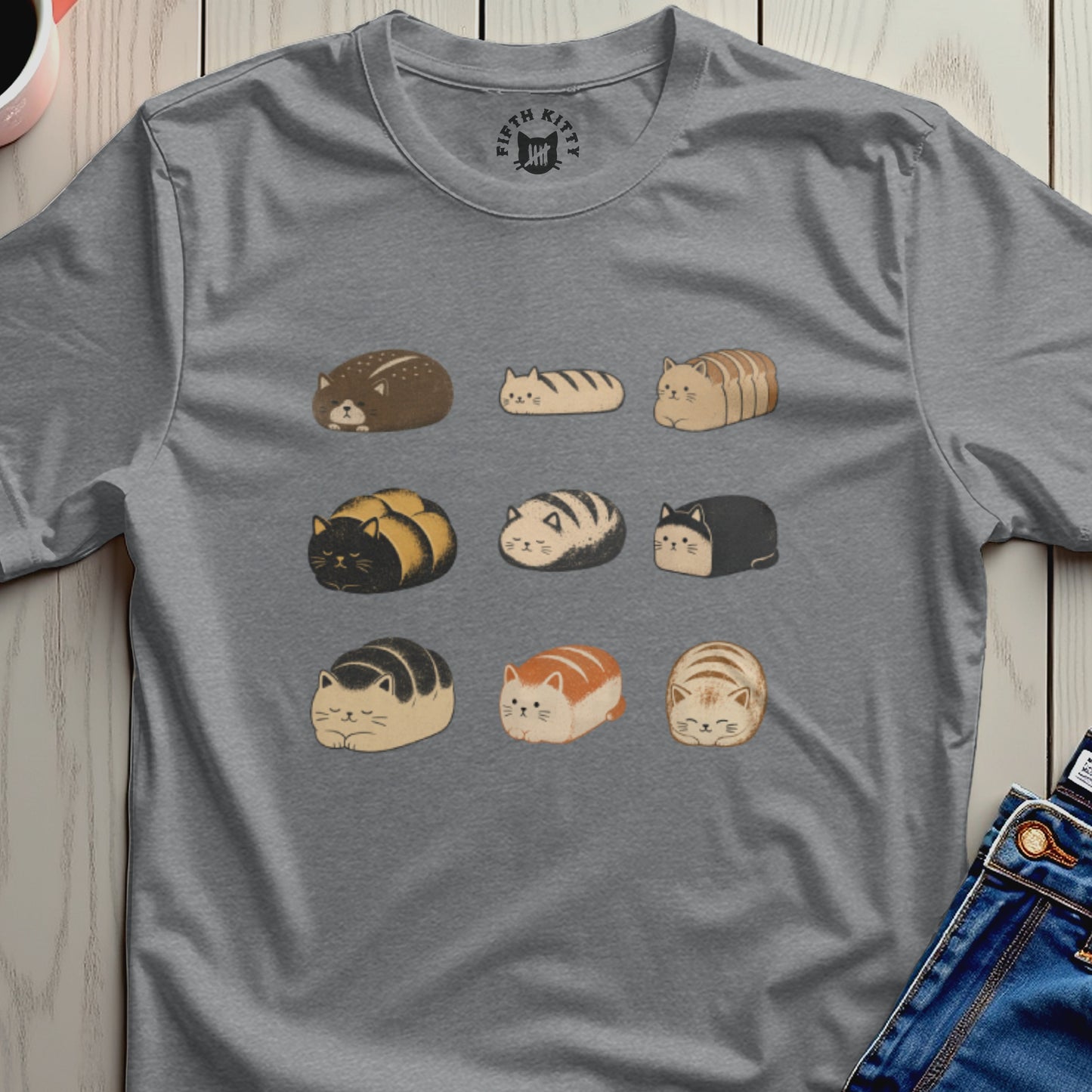 Nine cartoon cat loaves in various colors and patterns are displayed in a grid.