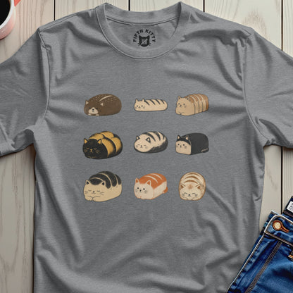 Nine cartoon cat loaves in various colors and patterns are displayed in a grid.