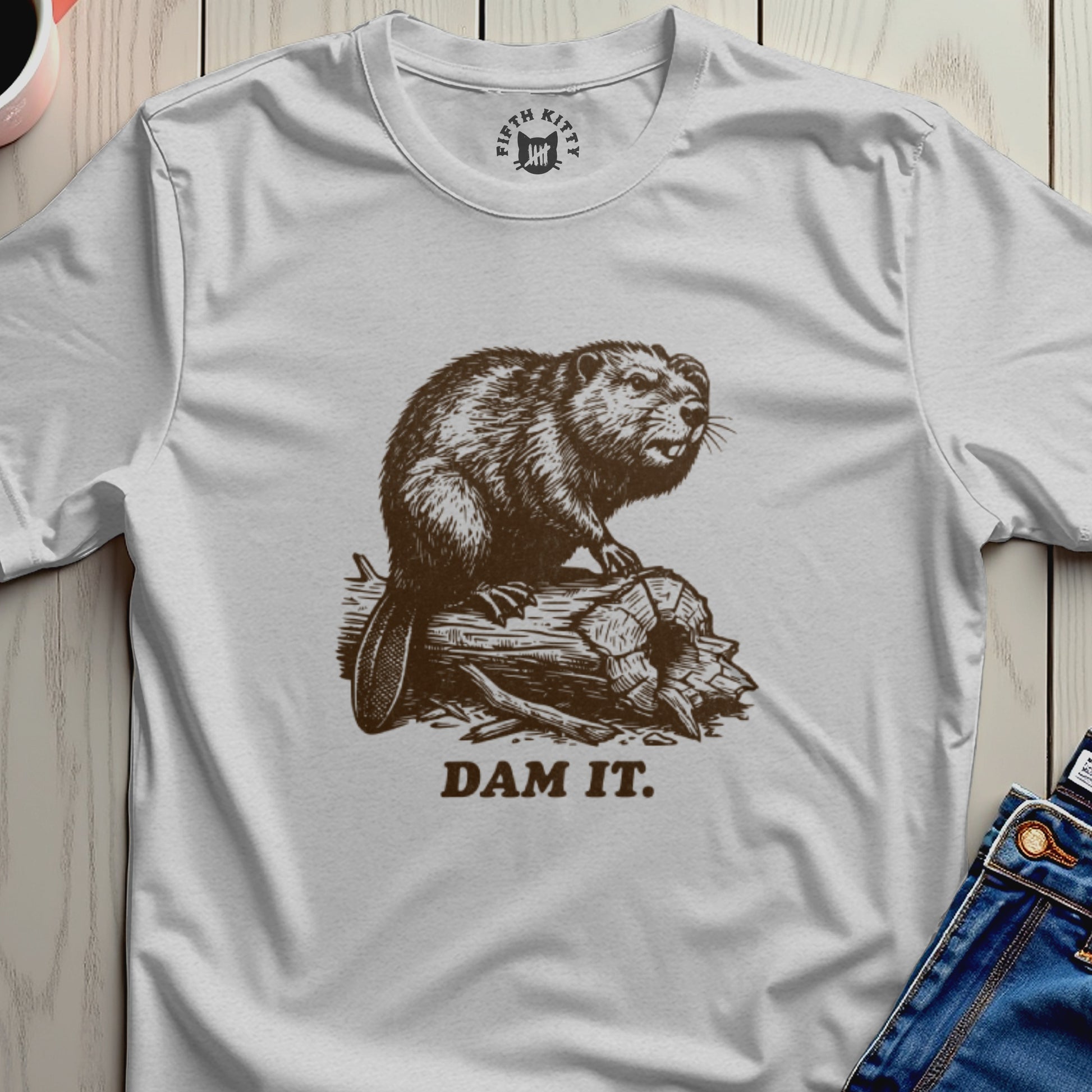 Beaver on log, "DAM IT." text.