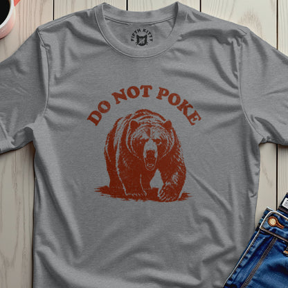 Grey t-shirt with distressed "DO NOT POKE" text and a bear graphic.