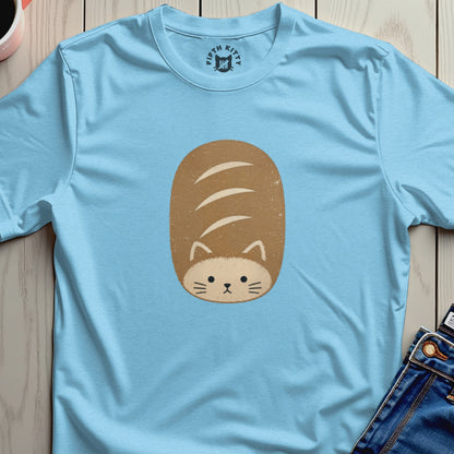 Light blue t-shirt with a cartoon loaf of bread cat graphic.