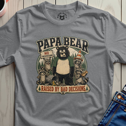 Papa Bear t-shirt with raccoons and hot dogs, text "Raised by Bad Decisions".