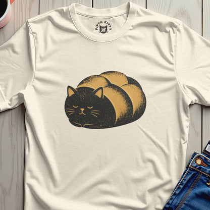 Cream t-shirt with a black and gold stylized cat illustration and FIVF KITTY logo.