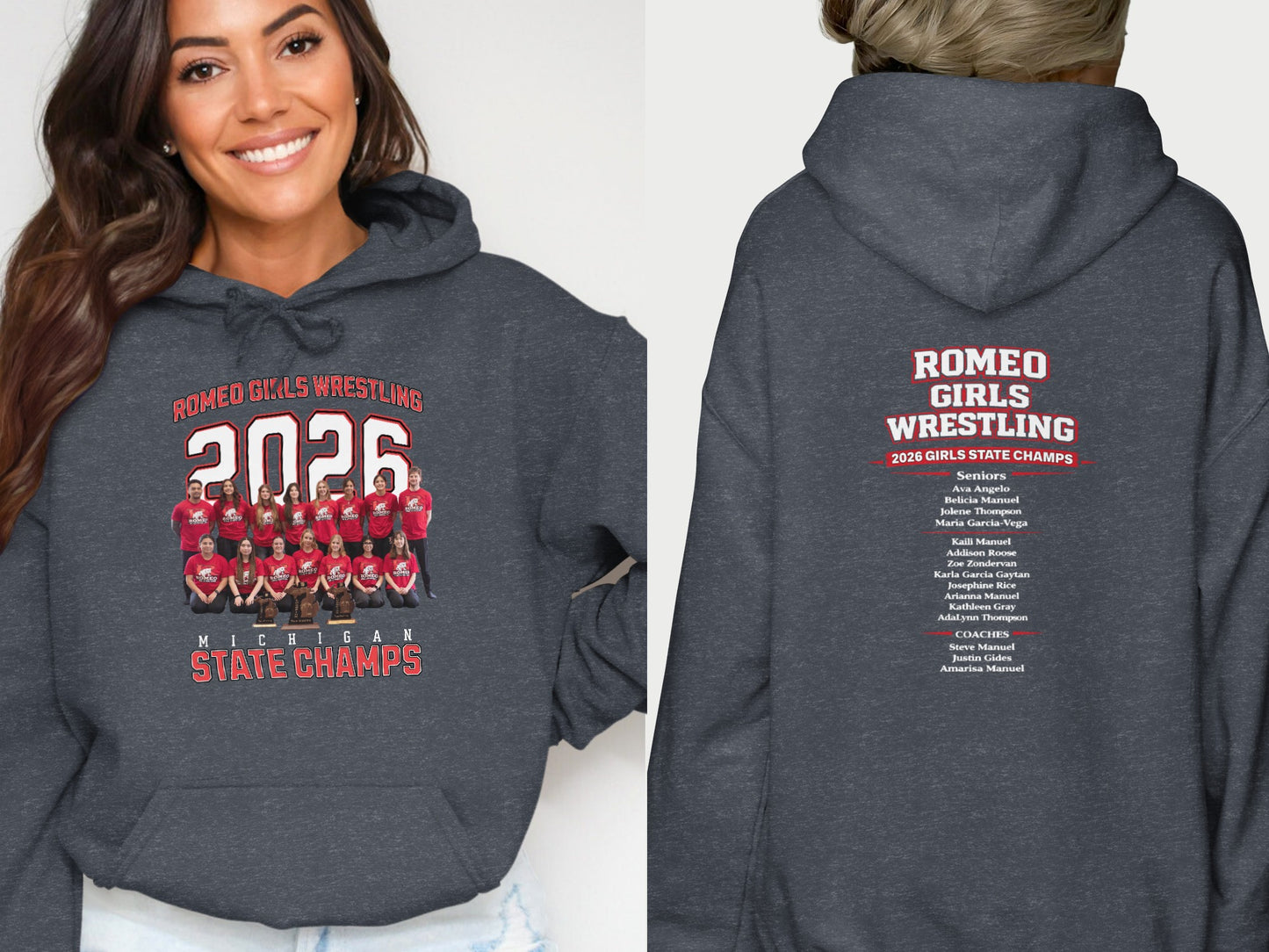 Romeo Girls Wrestling 2026 Michigan State Champs hoodie with team names.