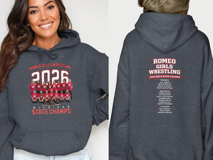 Romeo Girls Wrestling 2026 Michigan State Champs hoodie with team names.