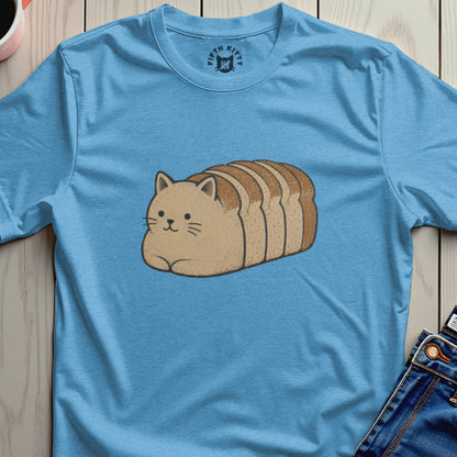 Light blue t-shirt with a cartoon loaf of bread shaped like a cat.