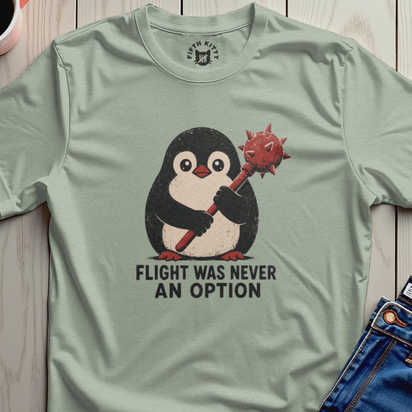 Light sage t-shirt with a penguin holding a mace, text reads "Flight was never an option".