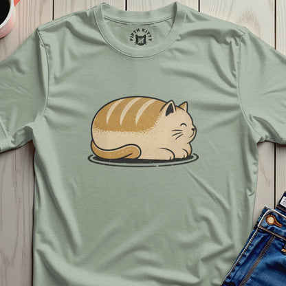 Cat loaf graphic with Fifth Kitty logo on light green t-shirt.