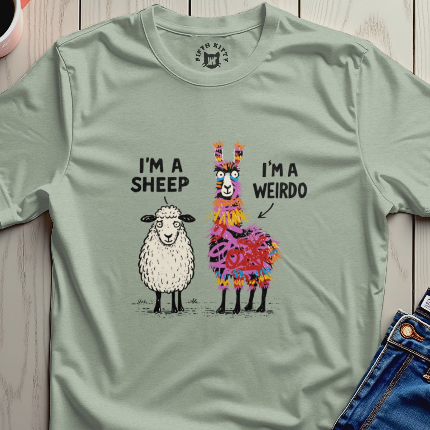 T-shirt graphic with a sheep and a colorful llama, reading "I'm a sheep" and "I'm a weirdo".