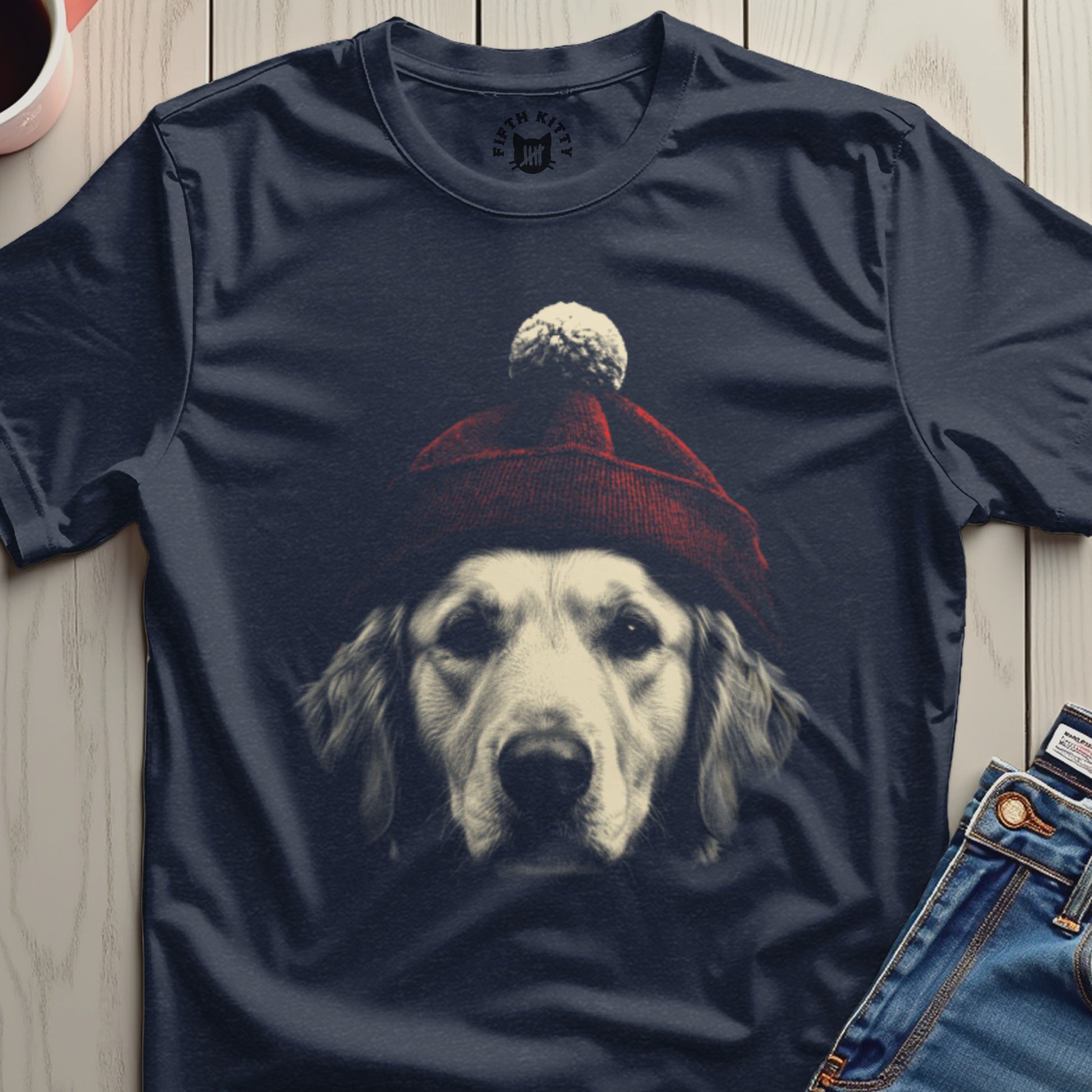 Golden Retriever in Red Hat Graphic Tee