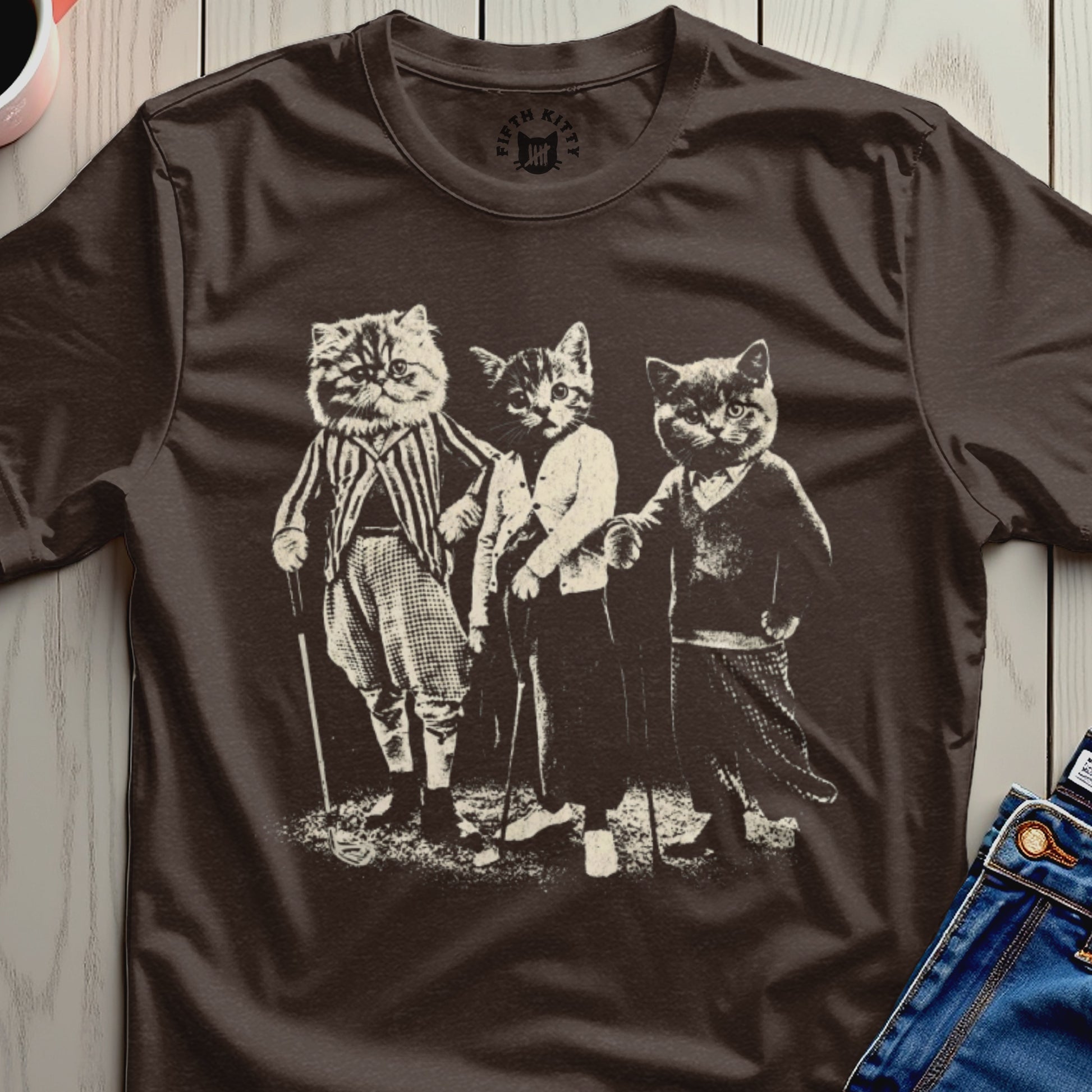 Vintage Cats Art Brown Graphic Tee Shirt
