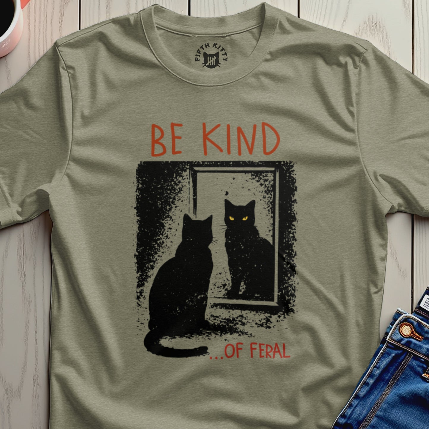 Be Kind ...of Feral Cat T-Shirt – Heather Military Graeen unisex graphic tee, front view