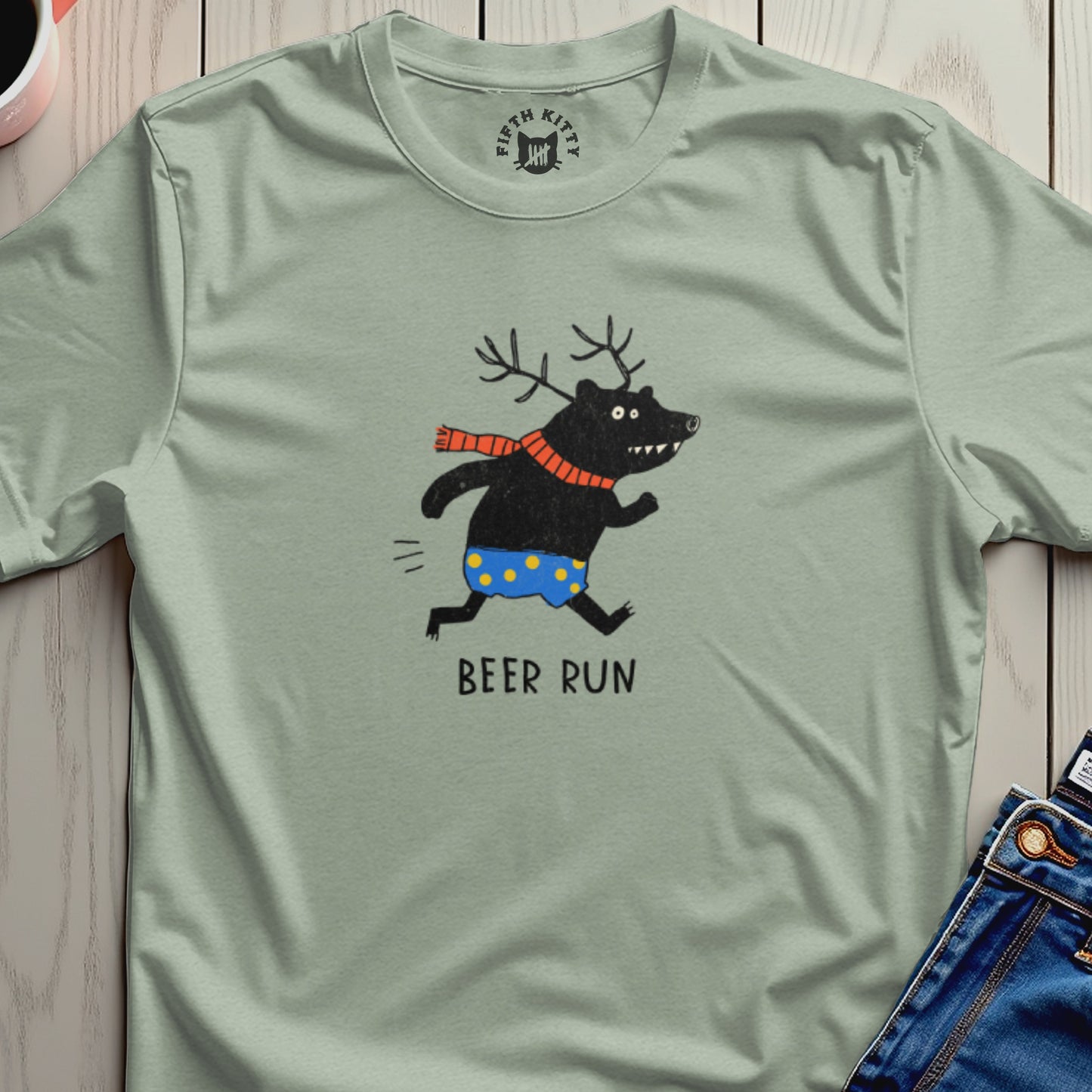 Black bear with antlers and scarf runs in polka dot shorts, text "BEER RUN".