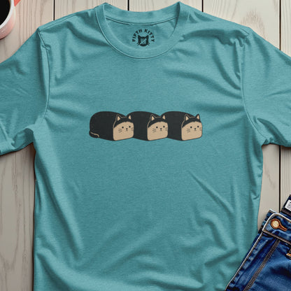 Teal t-shirt with an illustration of three loaf cats and "FIFTH KITTY" logo.