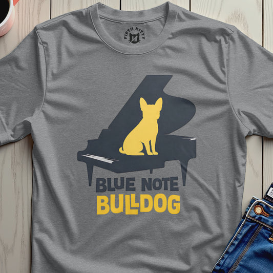 Blue Note Bulldog Yellow Dog on Piano Design Shirt