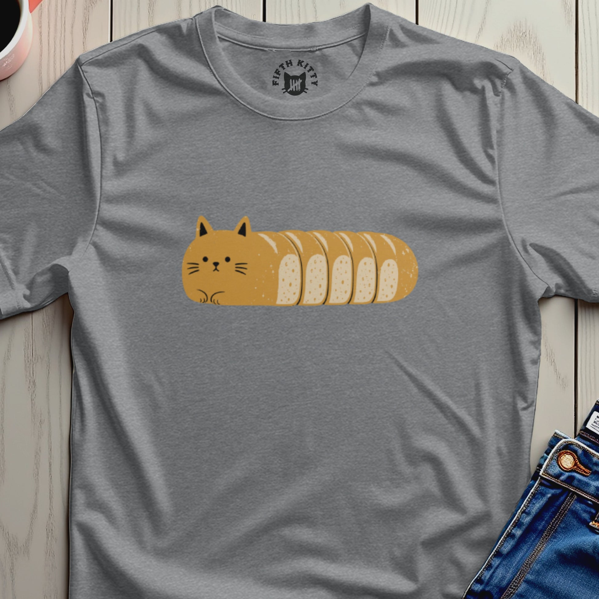 Cartoon cat loaf with "Fifth Kitty" logo on gray t-shirt.