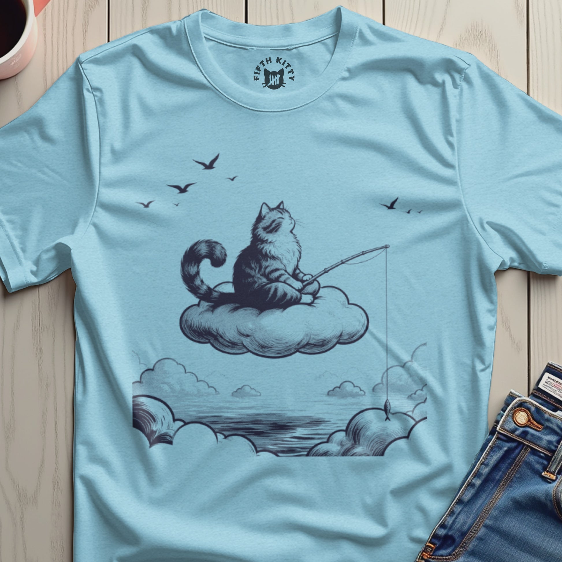 Dreamy Cloud-Fishing Cat Artistic Illustration Apparel