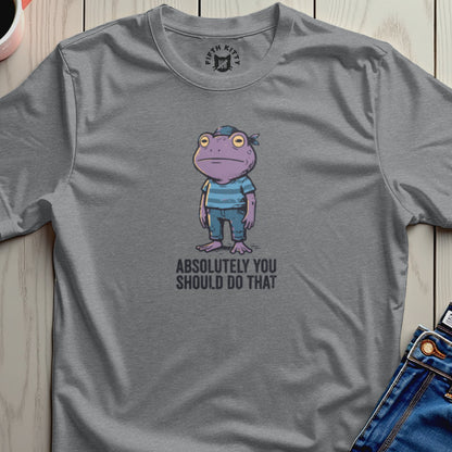 Gray t-shirt with a cartoon frog wearing a bandana and striped shirt, with text.