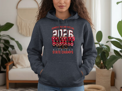 Dark gray hoodie with "Romeo Girls Wrestling 2026 Michigan State Champs" and team photo.