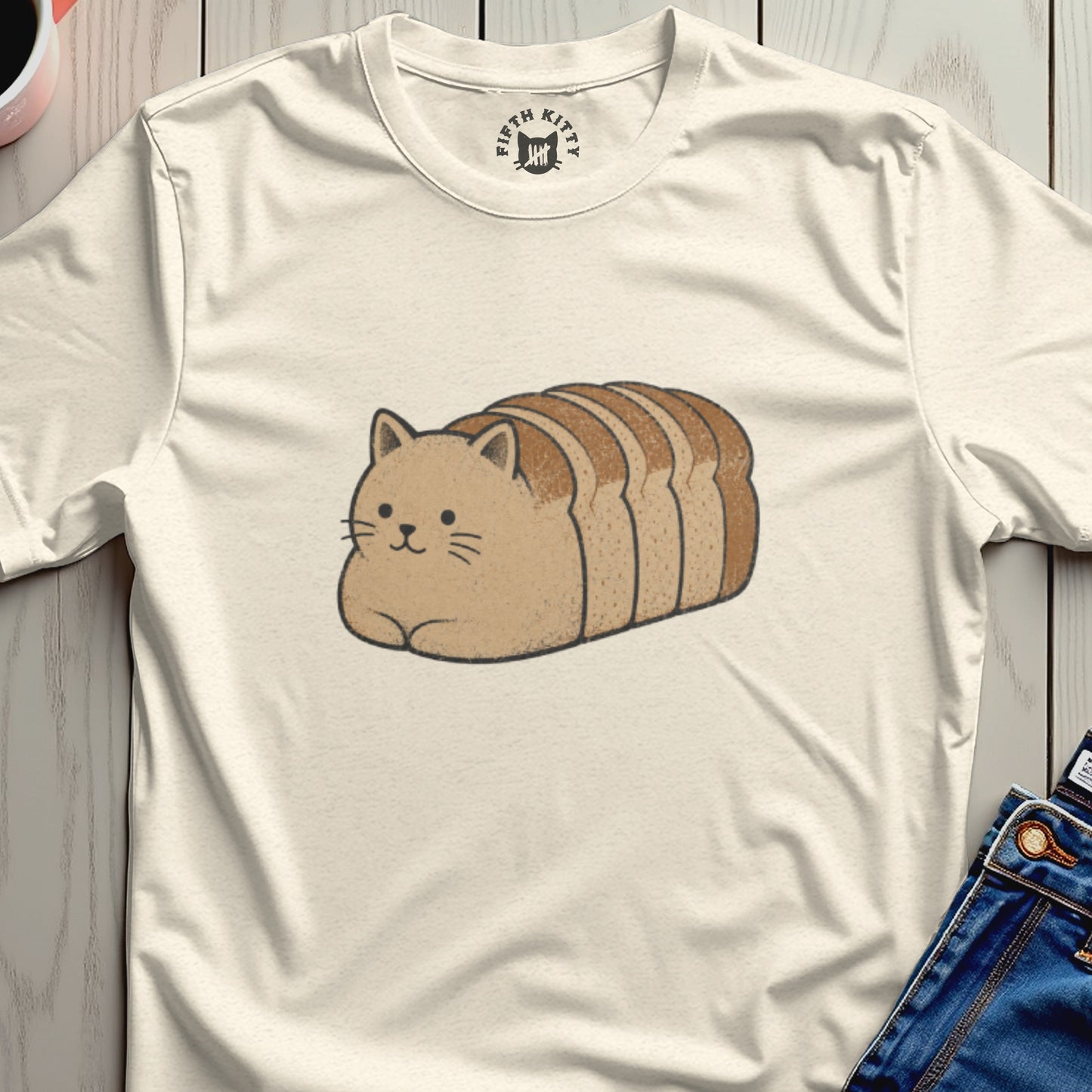 Light cream t-shirt with a cartoon cat loaf of bread design and "Fifth Kitty" logo.