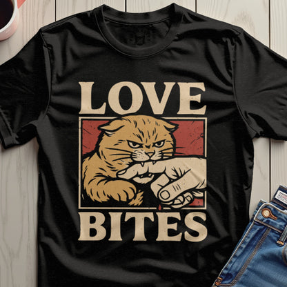 Love Bites Cat Graphic Fun and Trendy T-Shirt