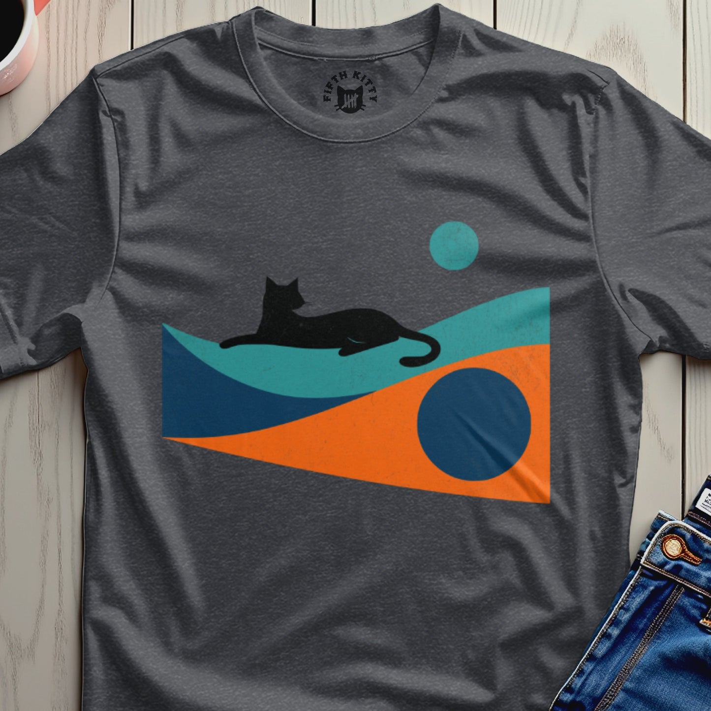 Abstract Geometric Cat Design on Dark Gray T-shirt