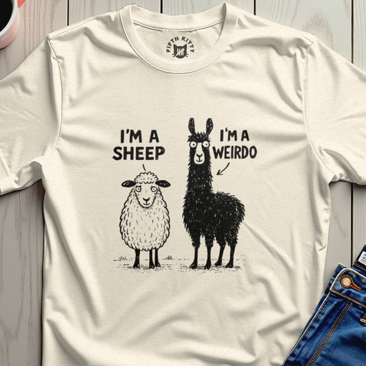 Cream t-shirt with cartoon sheep and llama; text reads "I'M A SHEEP I'M A WEIRDO".