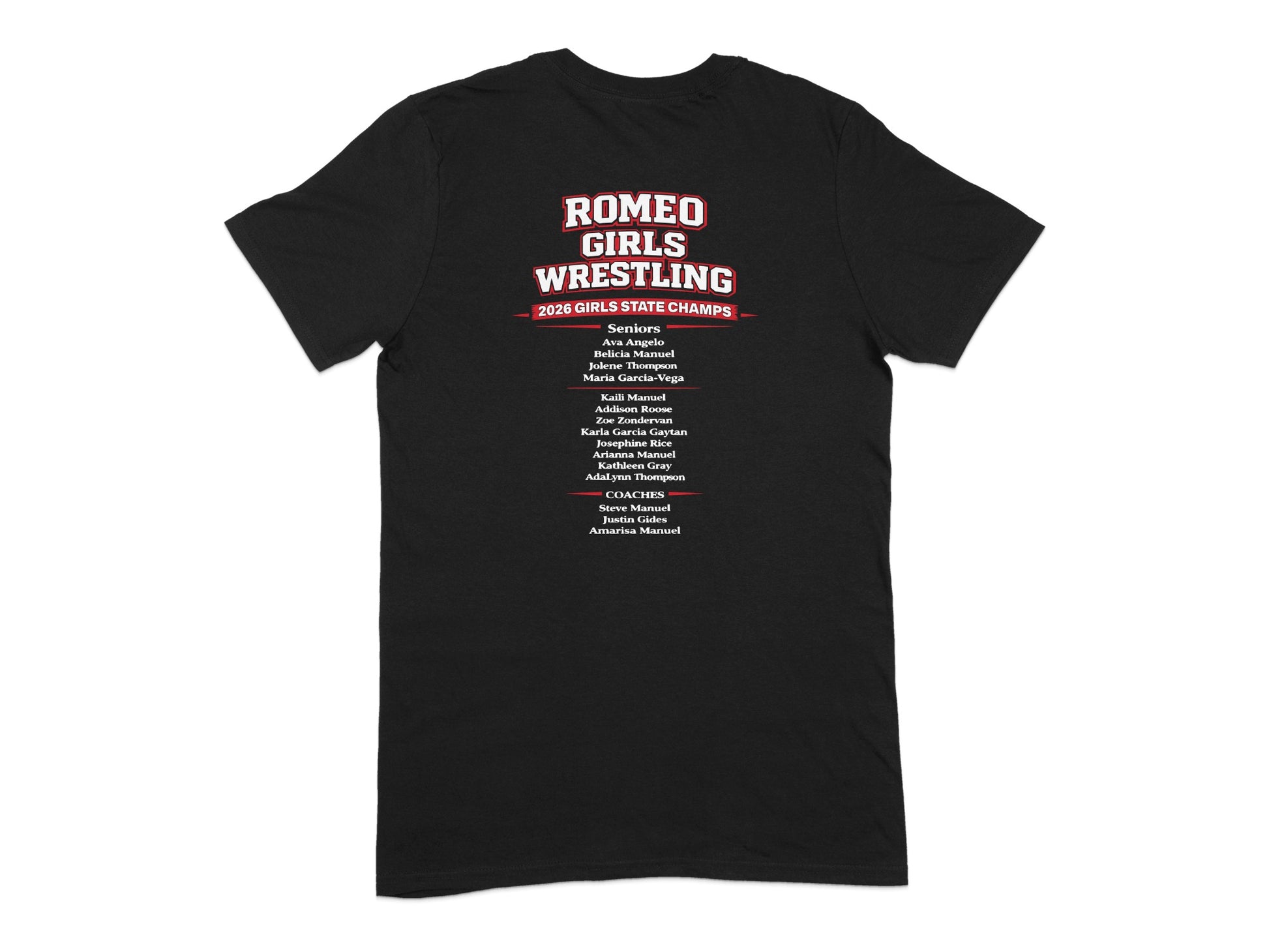Romeo Girls Wrestling 2026 State Champs t-shirt with team and coach names.