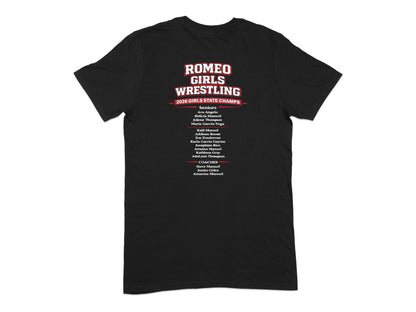 Romeo Girls Wrestling 2026 State Champs t-shirt with team and coach names.
