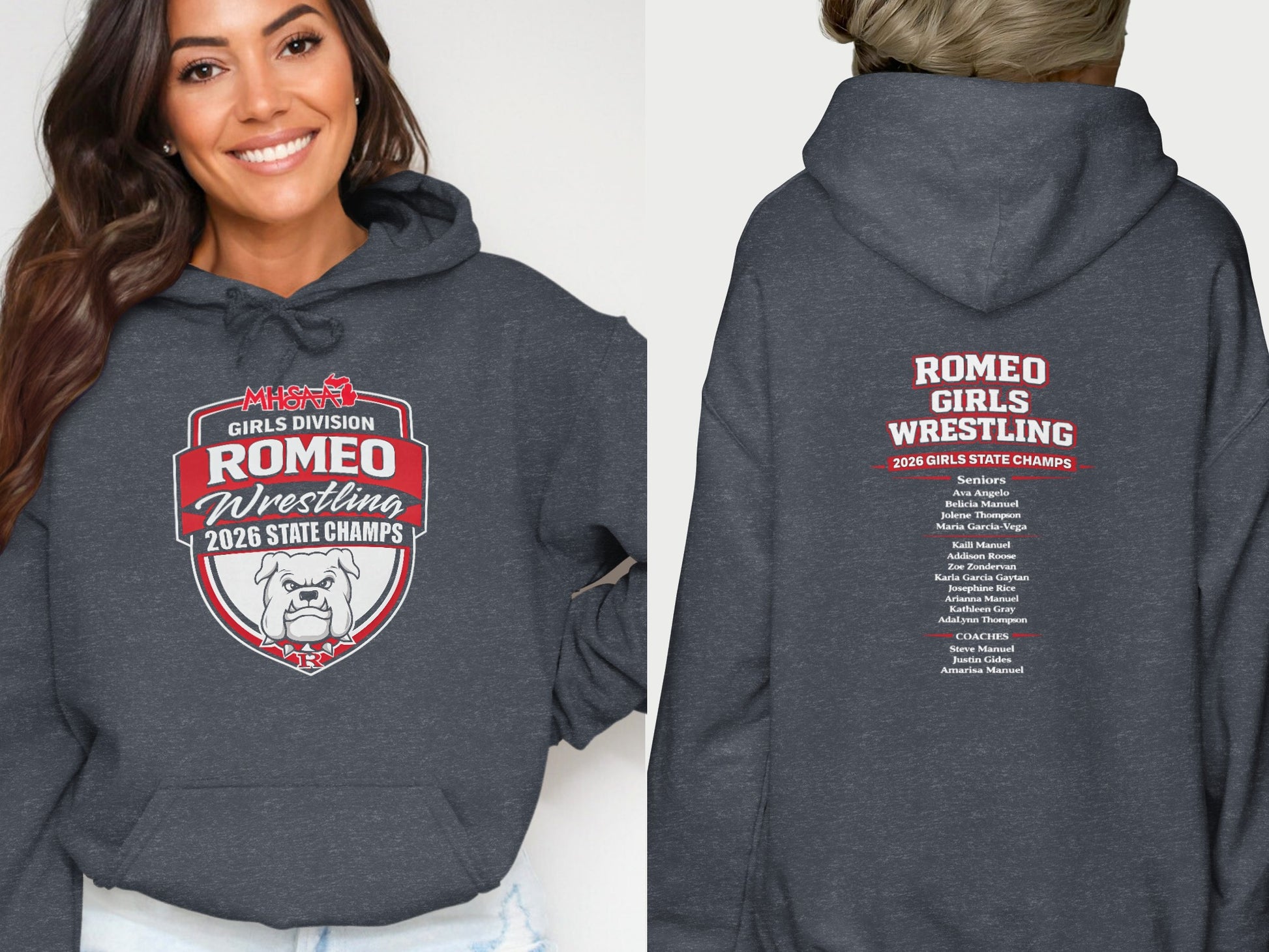 Romeo Girls Wrestling 2026 State Champs hooded sweatshirt with team roster.