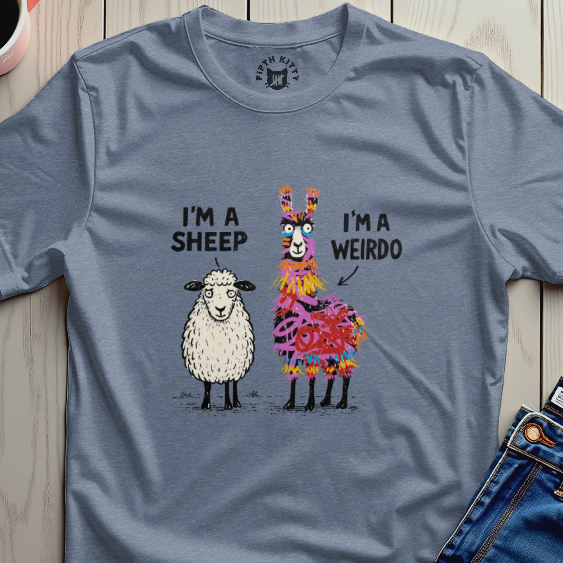 Sheep and llama graphic with text "I'm a sheep" and "I'm a weirdo".