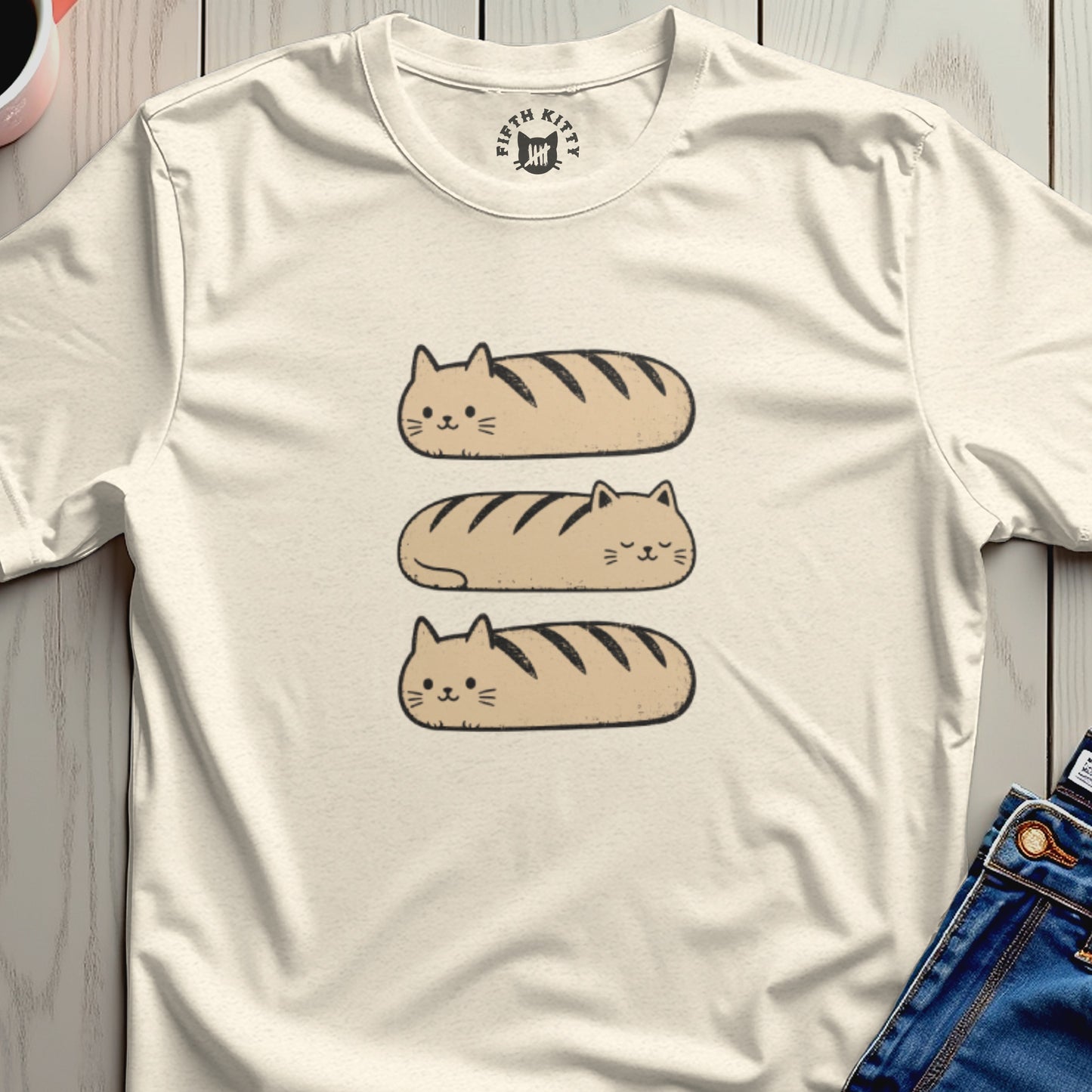 Light beige t-shirt with a graphic of three cartoon cat loaves.