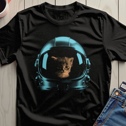 Cute Kitten in Astronaut Helmet on Black Shirt