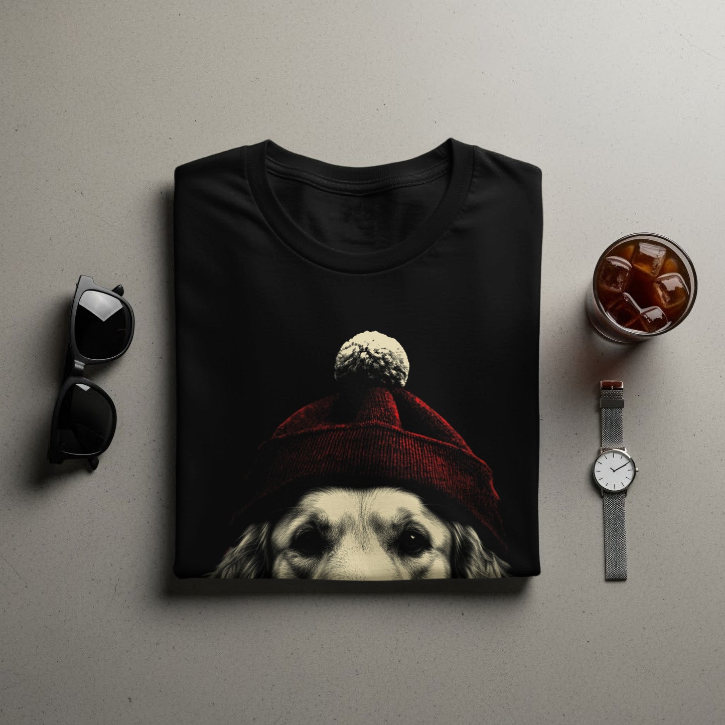 Stylish Dog with Red Beanie Graphic TShirt